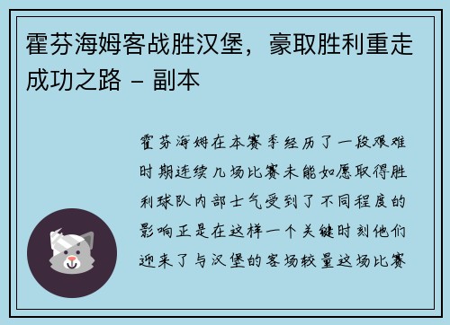 霍芬海姆客战胜汉堡，豪取胜利重走成功之路 - 副本