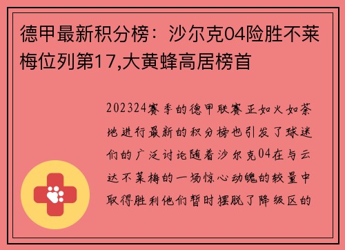 德甲最新积分榜：沙尔克04险胜不莱梅位列第17,大黄蜂高居榜首