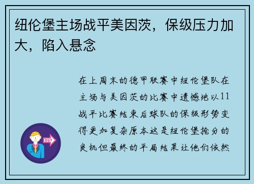 纽伦堡主场战平美因茨，保级压力加大，陷入悬念
