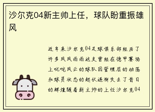 沙尔克04新主帅上任，球队盼重振雄风