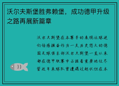 沃尔夫斯堡胜弗赖堡，成功德甲升级之路再展新篇章