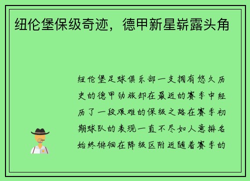 纽伦堡保级奇迹，德甲新星崭露头角