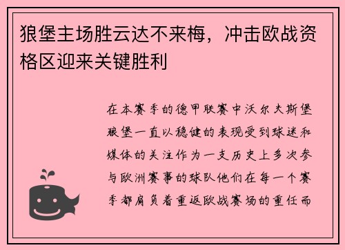 狼堡主场胜云达不来梅，冲击欧战资格区迎来关键胜利