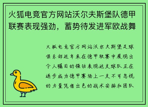 火狐电竞官方网站沃尔夫斯堡队德甲联赛表现强劲，蓄势待发进军欧战舞台 - 副本