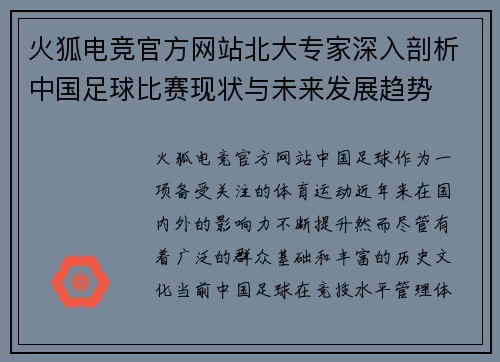 火狐电竞官方网站北大专家深入剖析中国足球比赛现状与未来发展趋势
