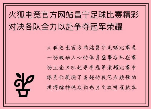 火狐电竞官方网站昌宁足球比赛精彩对决各队全力以赴争夺冠军荣耀