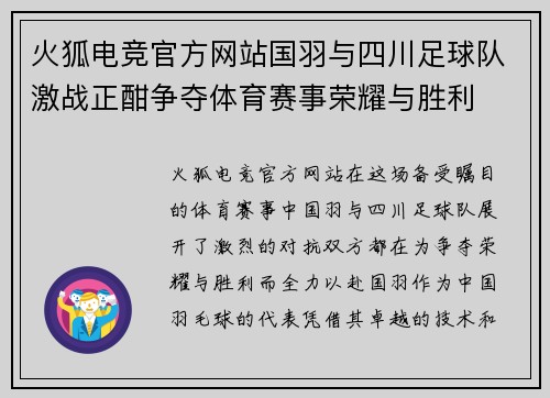 火狐电竞官方网站国羽与四川足球队激战正酣争夺体育赛事荣耀与胜利