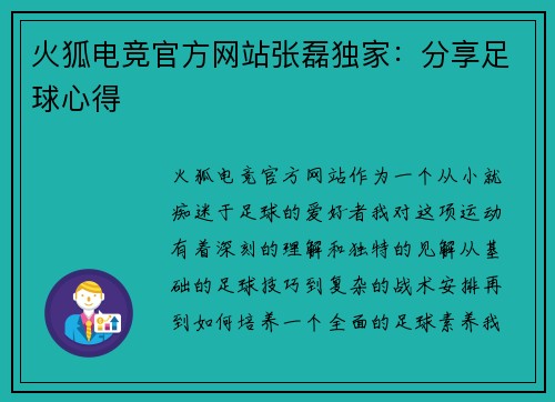 火狐电竞官方网站张磊独家：分享足球心得